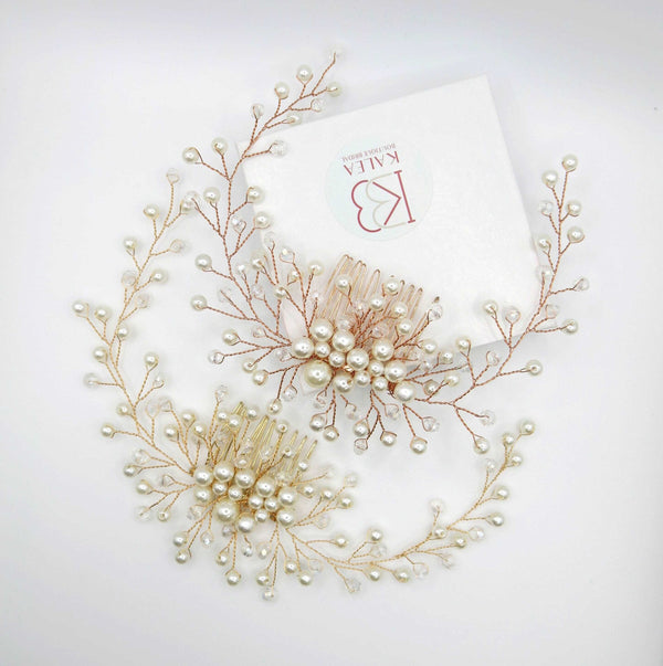 Bridal Pearl Hair Comb, Wedding Hairpiece, Bridal Pearl Head Piece, Hair Vine for Wedding, Large Bridal Hair Piece, Gold Wire Pearl Hairpin - KaleaBoutique.com