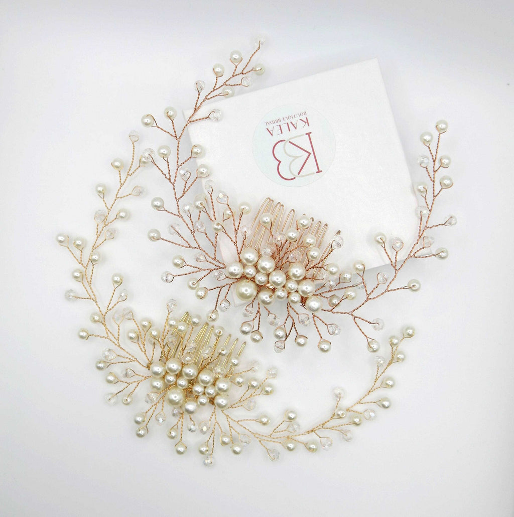 Bridal Pearl Hair Comb, Wedding Hairpiece, Bridal Pearl Head Piece, Hair Vine for Wedding, Large Bridal Hair Piece, Gold Wire Pearl Hairpin - KaleaBoutique.com