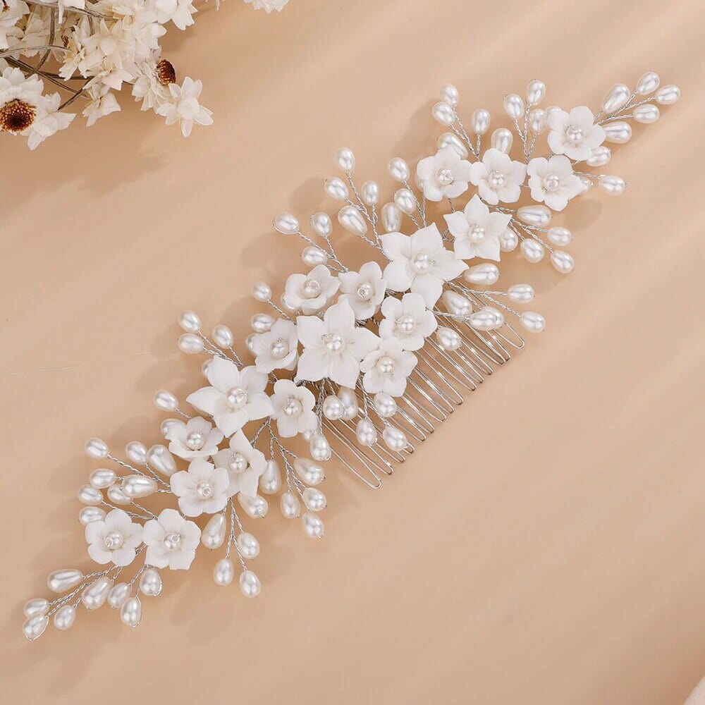 Bridal Porcelain Ceramic Floral Hairpiece, White Flower Bridal Pearl Hair Comb, Boho Wedding Floral Headpiece or Floral Pearl Earrings - KaleaBoutique.com