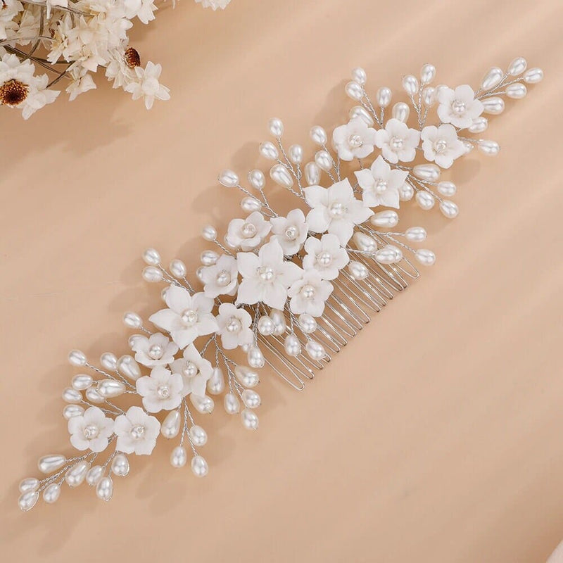 Bridal Porcelain Ceramic Flower Hairpiece, White Flower Bridal Pearl Hair Comb, Boho Wedding Floral Headpiece or Floral Pearl Earrings - KaleaBoutique.com