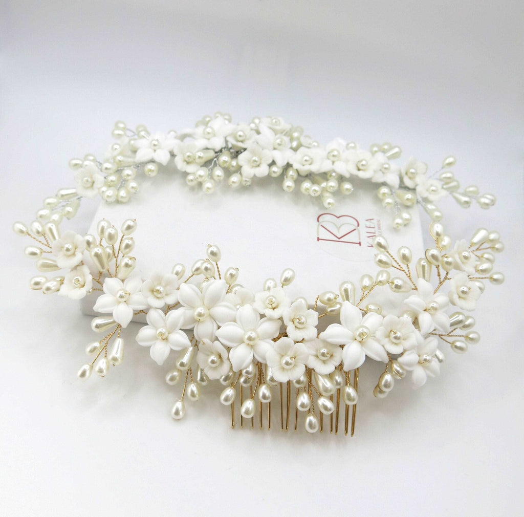 Bridal Porcelain Ceramic Floral Hairpiece, White Flower Bridal Pearl Hair Comb, Boho Wedding Floral Headpiece or Floral Pearl Earrings - KaleaBoutique.com