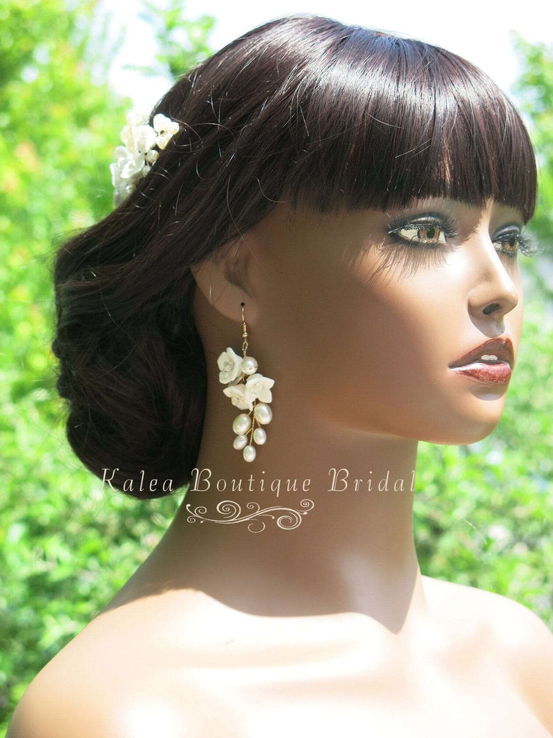 Bridal Porcelain Ceramic Flower Hairpiece, White Flower Bridal Pearl Hair Comb, Boho Wedding Floral Headpiece or Floral Pearl Earrings - KaleaBoutique.com
