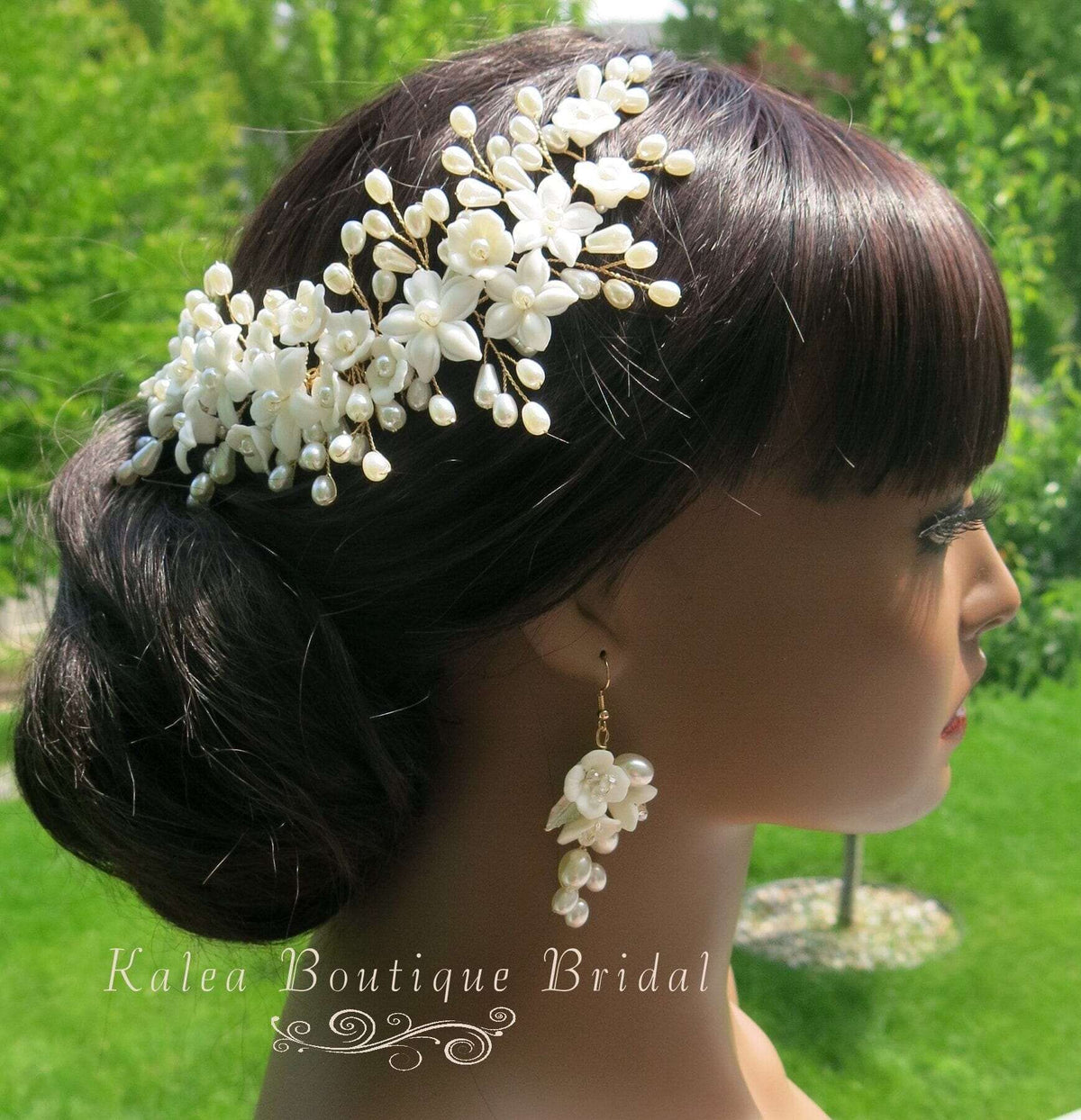 Bridal Porcelain Ceramic Floral Hairpiece, White Flower Bridal Pearl Hair Comb, Boho Wedding Floral Headpiece or Floral Pearl Earrings - KaleaBoutique.com