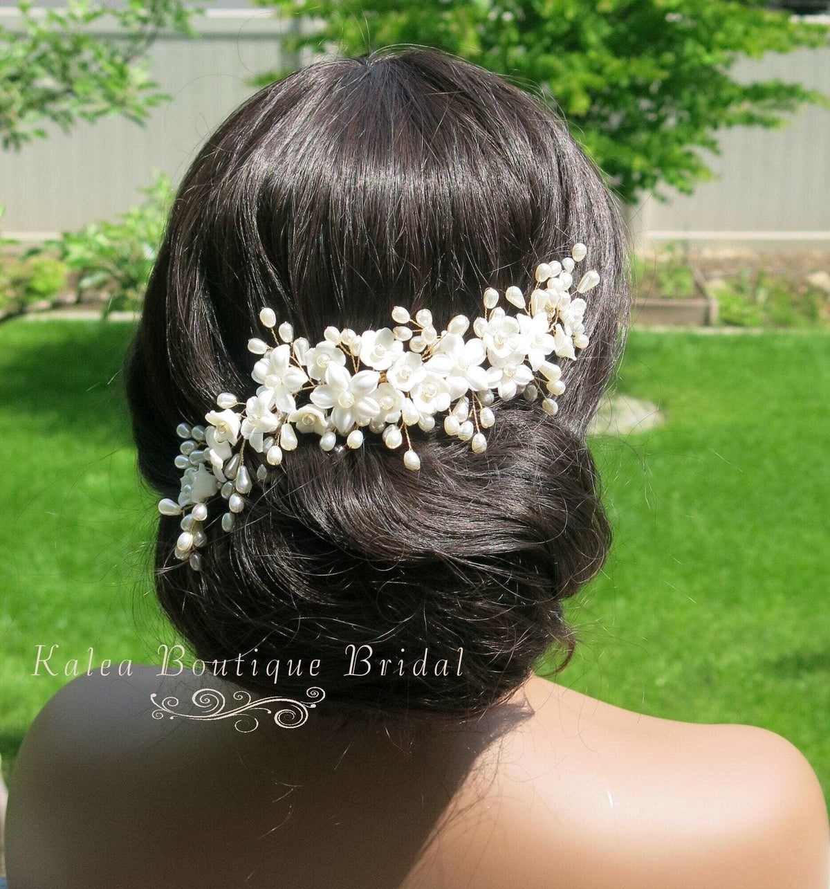 Bridal Porcelain Ceramic Floral Hairpiece, White Flower Bridal Pearl Hair Comb, Boho Wedding Floral Headpiece or Floral Pearl Earrings - KaleaBoutique.com