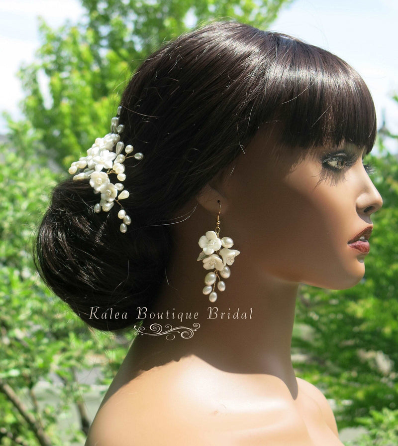 Bridal Porcelain Ceramic Floral Hairpiece, White Flower Bridal Pearl Hair Comb, Boho Wedding Floral Headpiece or Floral Pearl Earrings - KaleaBoutique.com