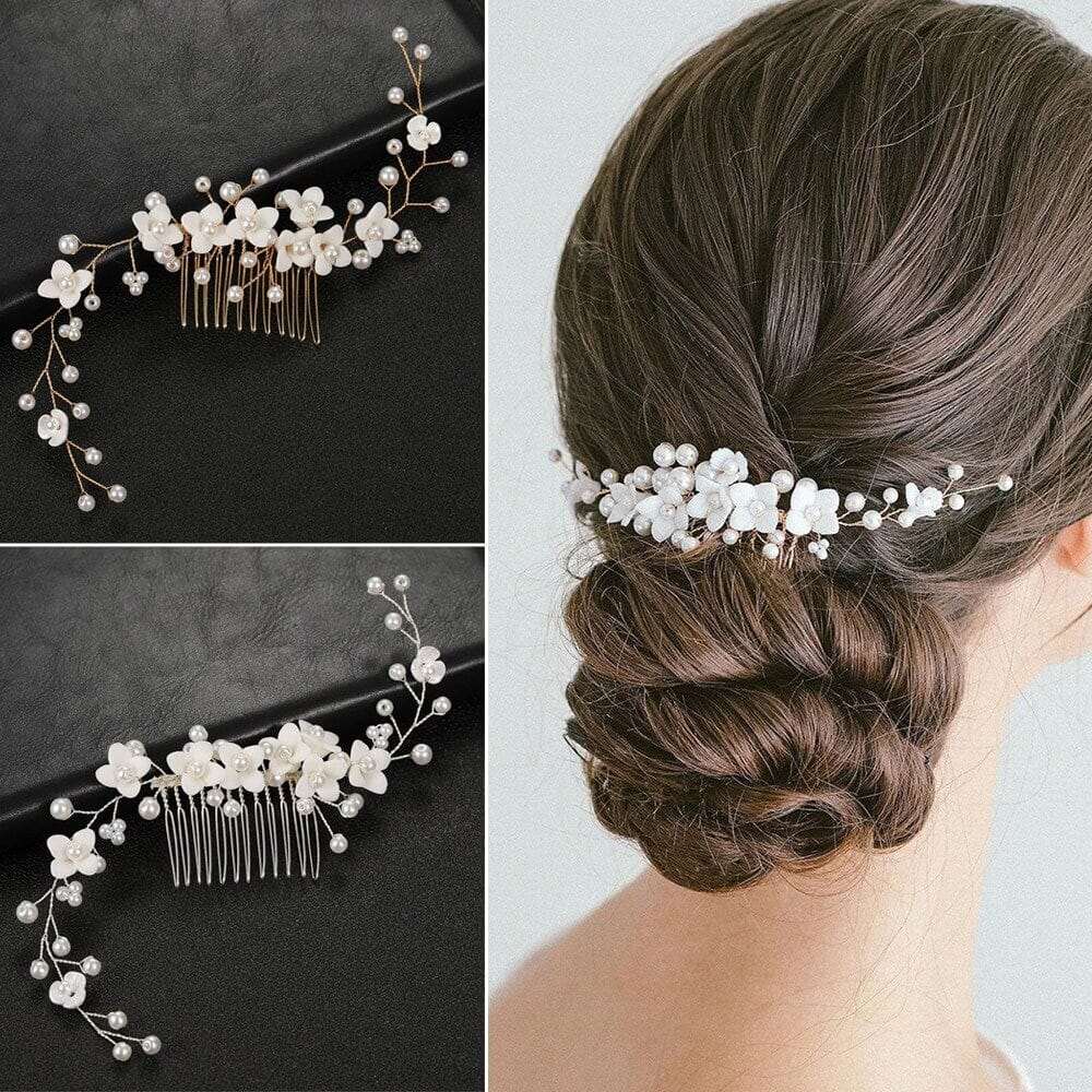 Bridal Porcelain Flower Hair Comb, White Flower Bridal Pearl Headpiece, Wedding Ceramic Floral Hair Comb Hairpiece or Floral Earrings - KaleaBoutique.com