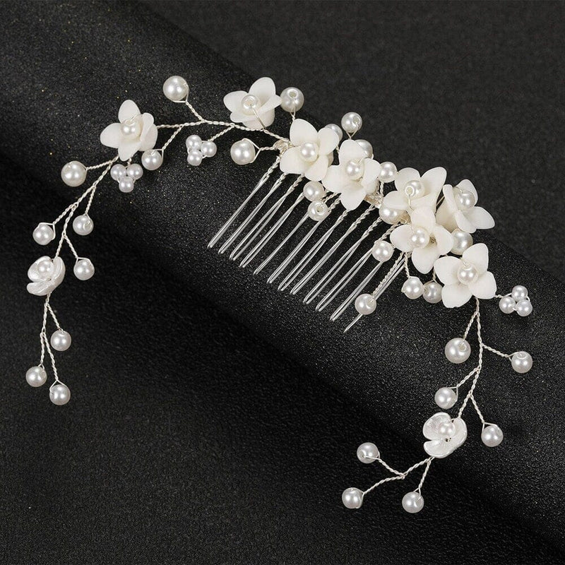 Bridal Porcelain Flower Hair Comb, White Flower Bridal Pearl Headpiece, Wedding Ceramic Floral Hair Comb Hairpiece or Floral Earrings - KaleaBoutique.com