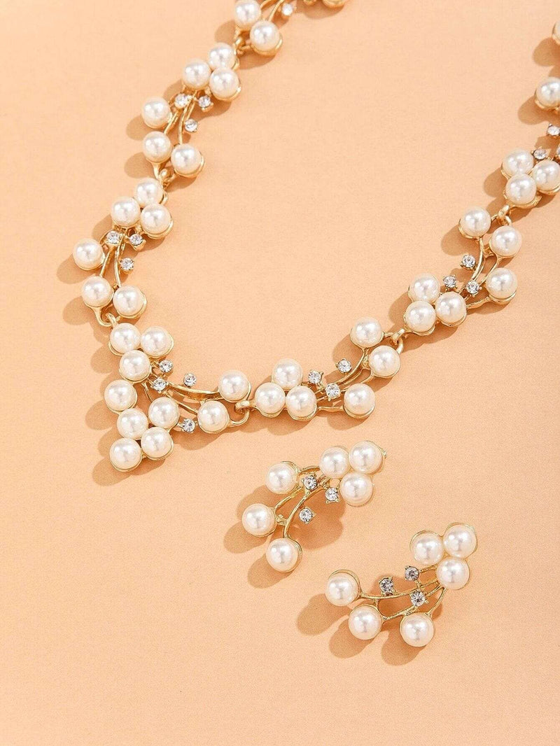 Bridal Big Pearl Cluster Necklace and Earrings 3 PC Jewelry Set, Large Pearl Prom Earrings and a Choker Necklace Wedding 3 PC Jewelry Set - KaleaBoutique.com