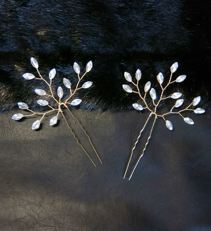 Bridal Rhinestone Crystal Leaf Hairpin 2 PC Set, Wedding Gem Branch Hair Pin Headpiece, Bridesmaid Crystal Wire Hairpiece, Set of 2 - KaleaBoutique.com