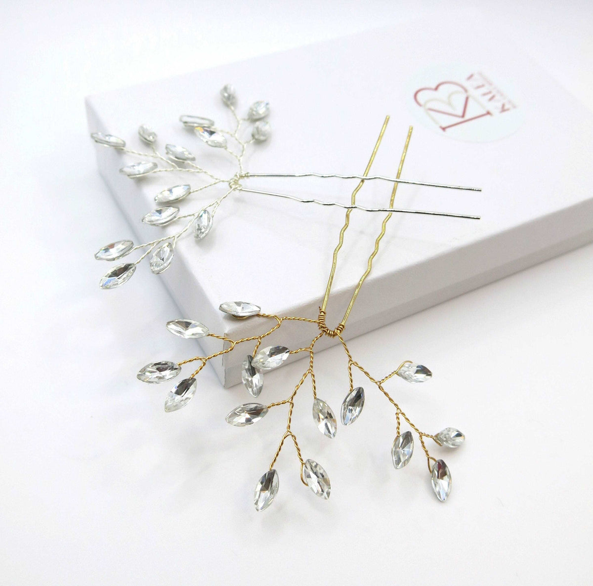 Bridal Rhinestone Crystal Hairpin 2 PC Set, Wedding Gem Branch Hair Pin Headpiece, Bridesmaid Crystal Wire Hairpiece, Set of 2 - KaleaBoutique.com