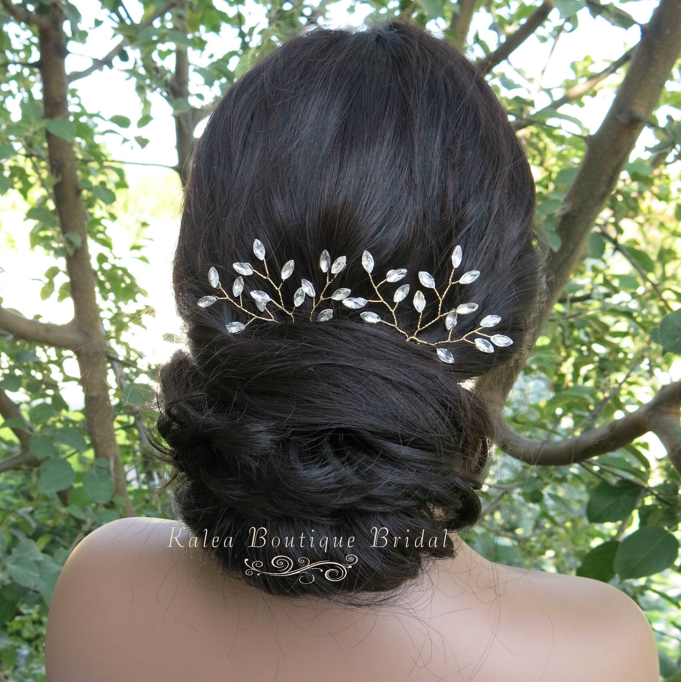 Rhinestone Hair Clip Set Bridal Headpiece Bridal Headpiece Gilded Leaves Hair Clips APRIL | EDEN LUXE  main image 2