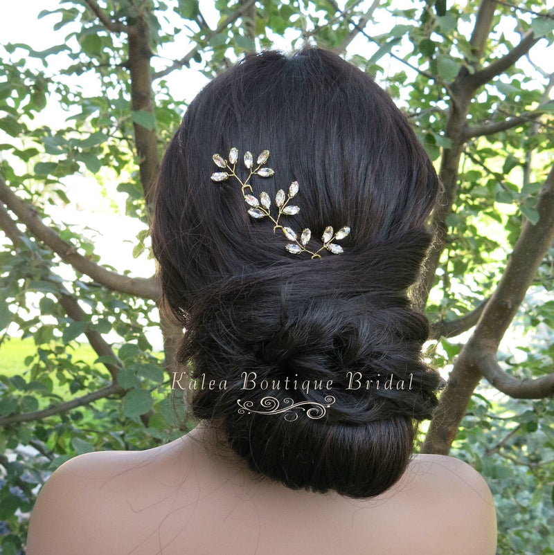 Bridal Rhinestone Crystal 3 PC Hairpin Set, Wedding Gem Floral Gold Hair Pin Headpiece, Bridesmaid Crystal Gold Wire Hairpiece 3 PC Set - KaleaBoutique.com