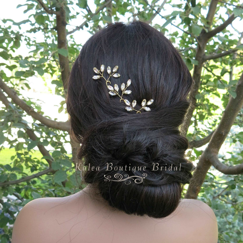 Bridal Rhinestone Crystal Leaf Hairpin 3 PC Set, Wedding Gem Floral Gold Hair Pin Headpiece, Bridesmaid Crystal Gold Wire Hairpiece Set - KaleaBoutique.com