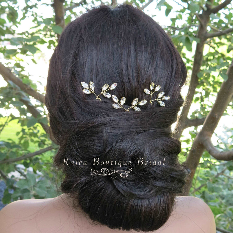 Bridal Rhinestone Crystal 3 PC Hairpin Set, Wedding Gem Floral Gold Hair Pin Headpiece, Bridesmaid Crystal Gold Wire Hairpiece 3 PC Set - KaleaBoutique.com