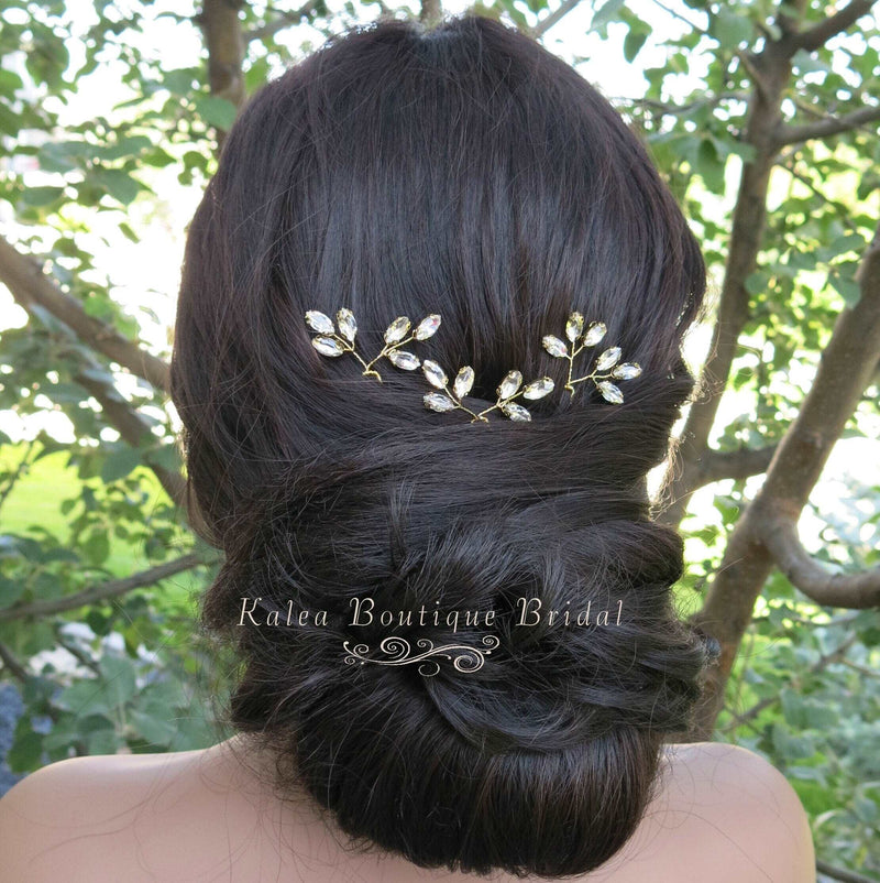 Bridal Rhinestone Crystal Leaf Hairpin 3 PC Set, Wedding Gem Floral Gold Hair Pin Headpiece, Bridesmaid Crystal Gold Wire Hairpiece Set - KaleaBoutique.com