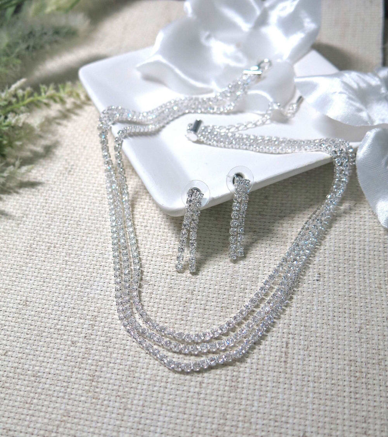 Bridal Rhinestone Crystal Multi Layer Necklace and Earrings 3 PC Set, Wedding Fashion CZ Diamond Gem Layered Bridesmaid Crystal Jewelry Set - KaleaBoutique.com