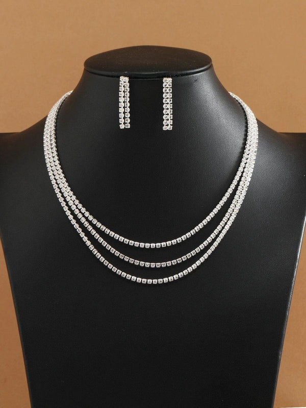 Bridal Rhinestone Crystal Multi Layer Necklace and Earrings 3 PC Set, Wedding Fashion CZ Diamond Gem Layered Bridesmaid Crystal Jewelry Set - KaleaBoutique.com