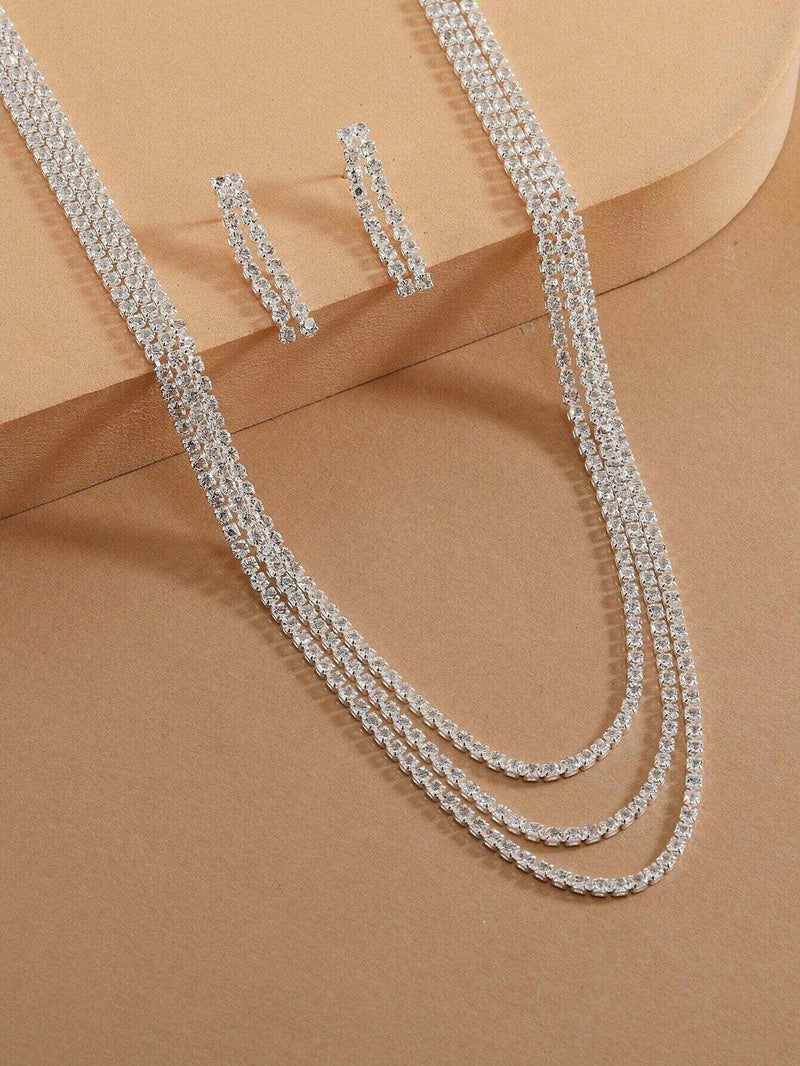 Bridal Rhinestone Crystal Multi Layer Necklace and Earrings 3 PC Set, Wedding Fashion CZ Diamond Gem Layered Bridesmaid Crystal Jewelry Set - KaleaBoutique.com