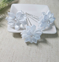 Bridal Silk Ribbon 5 PC Hairpin Set, Wedding White Floral Hairpins, Flower Girl Hairpiece Hair Pin, Bridesmaid Silk Flower Hairpin Set - KaleaBoutique.com