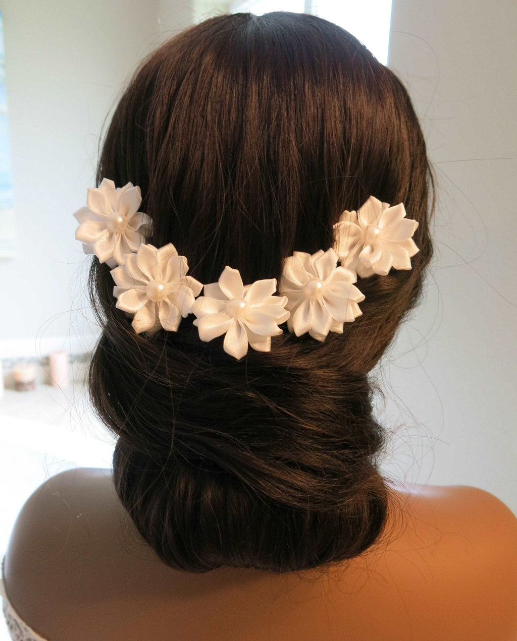 Bridal Silk Ribbon 5 PC Hairpin Set, Wedding White Floral Hairpins, Flower Girl Hairpiece Hair Pin, Bridesmaid Silk Flower Hairpin Set - KaleaBoutique.com