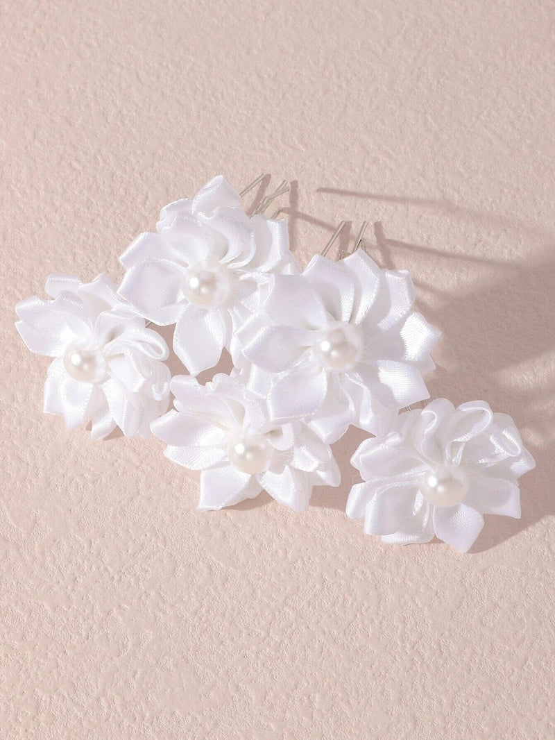 Bridal Silk Ribbon 5 PC Hairpin Set, Wedding White Floral Hairpins, Flower Girl Hairpiece Hair Pin, Bridesmaid Silk Flower Hairpin Set - KaleaBoutique.com