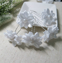 Bridal Silk Ribbon 5 PC Hairpin Set, Wedding White Floral Hairpins, Flower Girl Hairpiece Hair Pin, Bridesmaid Silk Flower Hairpin Set - KaleaBoutique.com
