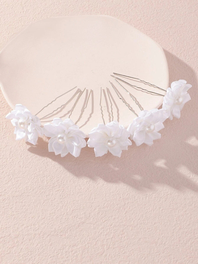 Bridal Silk Ribbon 5 PC Hairpin Set, Wedding White Floral Hairpins, Flower Girl Hairpiece Hair Pin, Bridesmaid Silk Flower Hairpin Set - KaleaBoutique.com