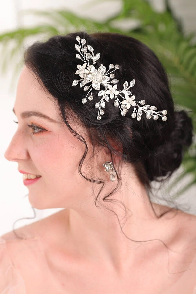 Bridal Silver Leaf Alligator Hair Clip, Crystal Floral Gem Hairpiece, Boho Wedding Flower Headpiece, Bridal Silver Hairclip - KaleaBoutique.com