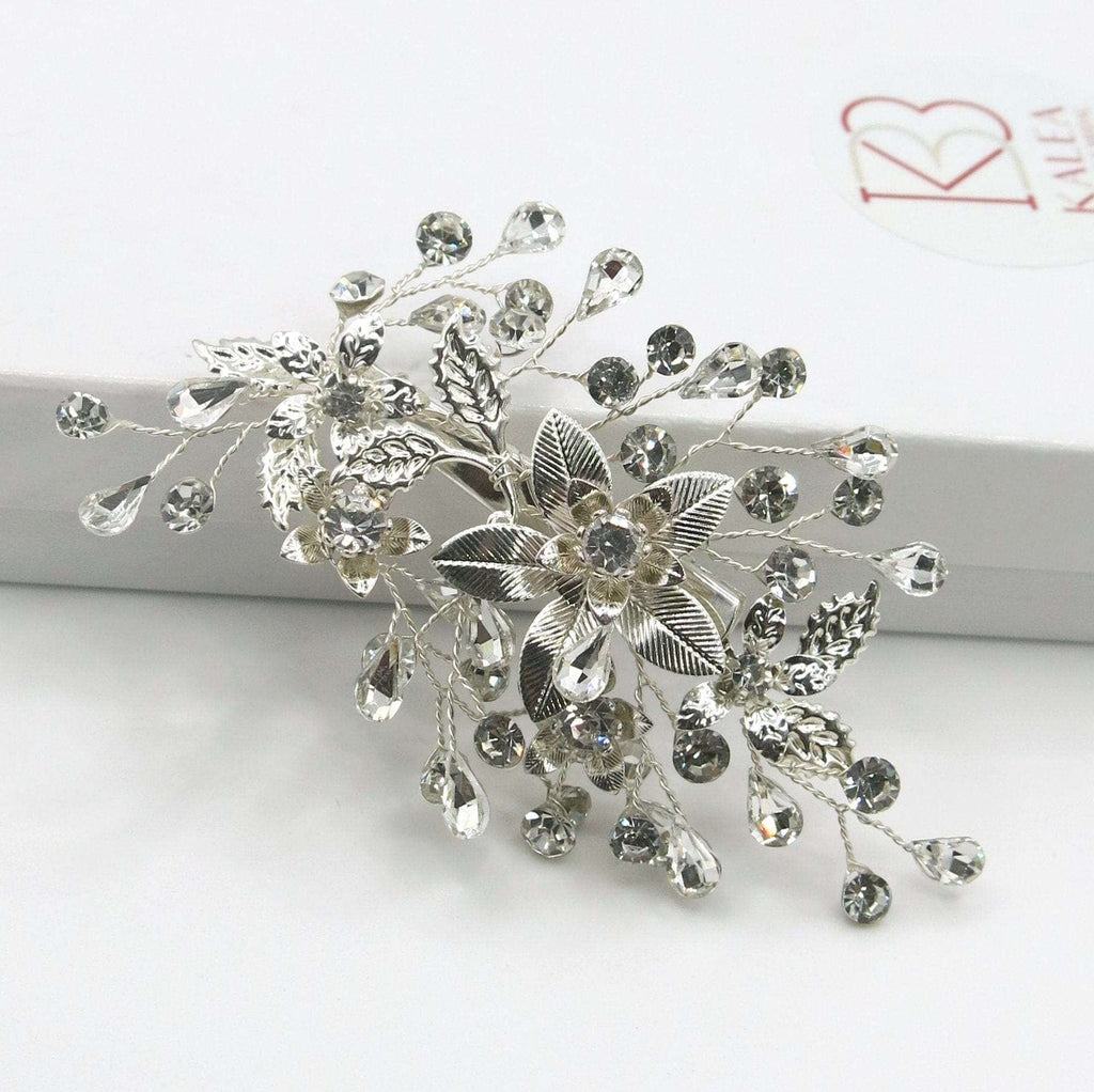 Bridal Silver Leaf Alligator Hair Clip, Crystal Floral Gem Hairpiece, Boho Wedding Flower Headpiece, Bridal Silver Hairclip - KaleaBoutique.com