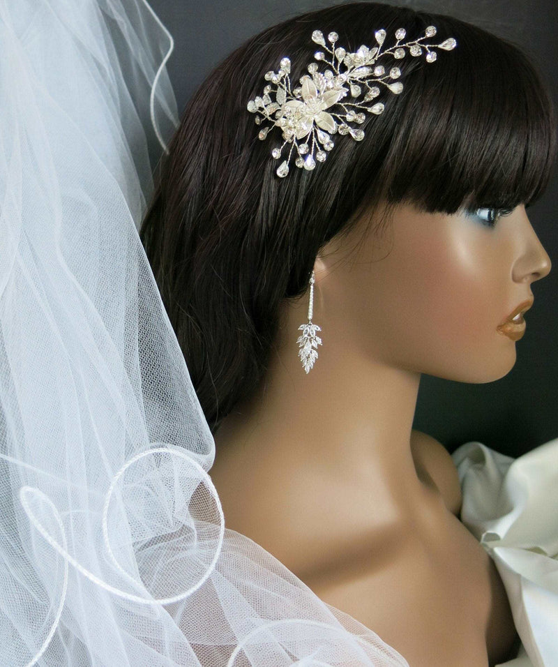 Bridal Silver Leaf Alligator Hair Clip, Crystal Floral Gem Hairpiece, Boho Wedding Flower Headpiece, Bridal Silver Hairclip - KaleaBoutique.com