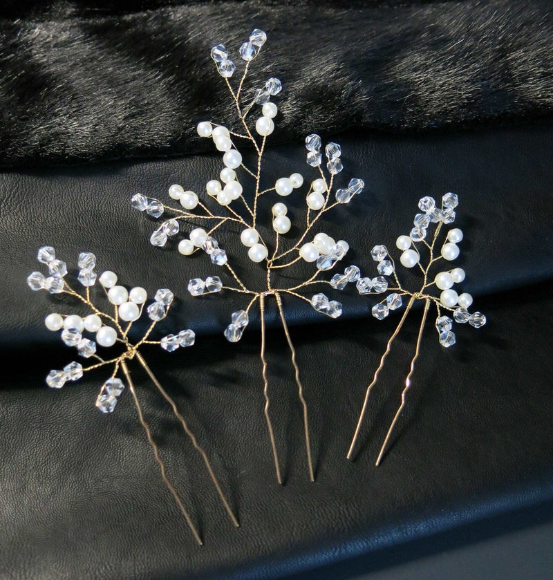 Bridal Crystal Branch 3 PC Hairpin Set, Wedding Pearl Hairpiece Set, Bridesmaid Wire Hair Pins, Crystal Floral Headpieces for Bride - KaleaBoutique.com