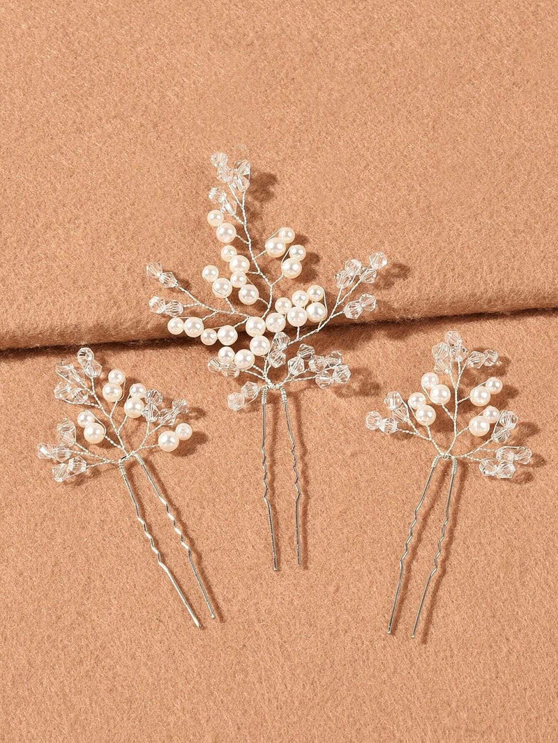 Bridal Crystal Branch 3 PC Hairpin Set, Wedding Pearl Hairpiece Set, Bridesmaid Wire Hair Pins, Crystal Floral Headpieces for Bride - KaleaBoutique.com