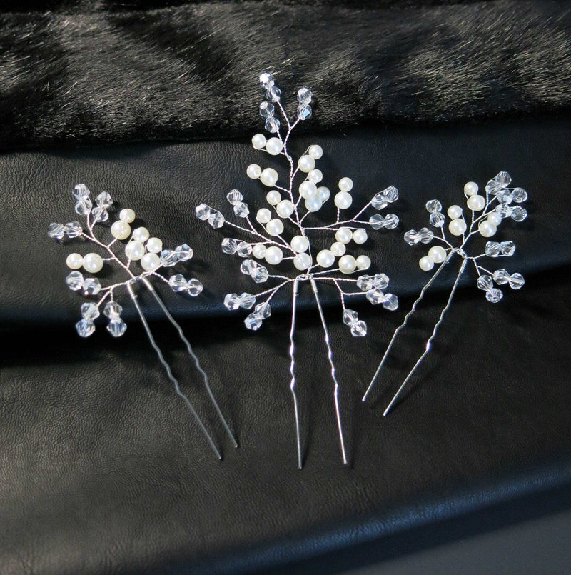 Bridal Crystal Branch 3 PC Hairpin Set, Wedding Pearl Hairpiece Set, Bridesmaid Wire Hair Pins, Crystal Floral Headpieces for Bride - KaleaBoutique.com