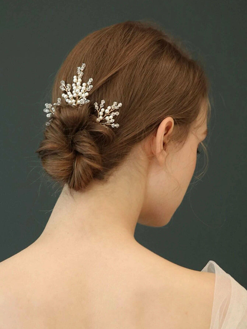 Bridal Crystal Branch 3 PC Hairpin Set, Wedding Pearl Hairpiece Set, Bridesmaid Wire Hair Pins, Crystal Floral Headpieces for Bride - KaleaBoutique.com