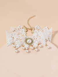 Bridal Tatted Lace Knit Necklace, White Pearl Accent Embroidered Choker Necklace, Victorian Wedding Statement Necklace - KaleaBoutique.com