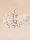 Bridal Tatted Lace Knit Necklace, White Pearl Accent Embroidered Choker Necklace, Victorian Wedding Statement Necklace - KaleaBoutique.com