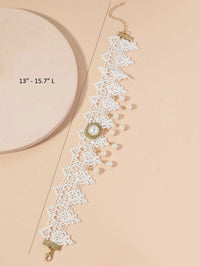 Bridal Tatted Lace Knit Necklace, White Pearl Accent Embroidered Choker Necklace, Victorian Wedding Statement Necklace - KaleaBoutique.com