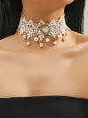 Bridal Tatted Lace Necklace, White Pearl Accent Embroidered Knit Choker Necklace, Victorian Wedding Statement Necklace 13.0"L - 15.7"L - KaleaBoutique.com