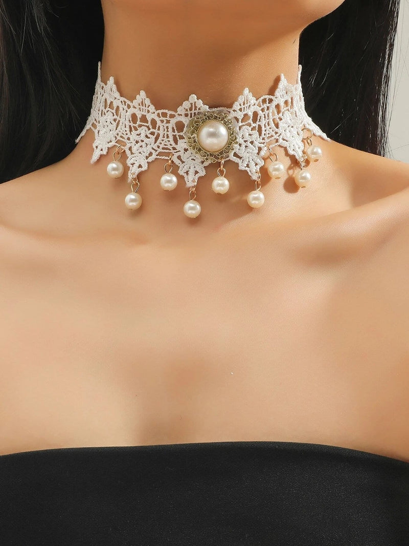 Bridal Tatted Lace Knit Necklace, White Pearl Accent Embroidered Choker Necklace, Victorian Wedding Statement Necklace - KaleaBoutique.com