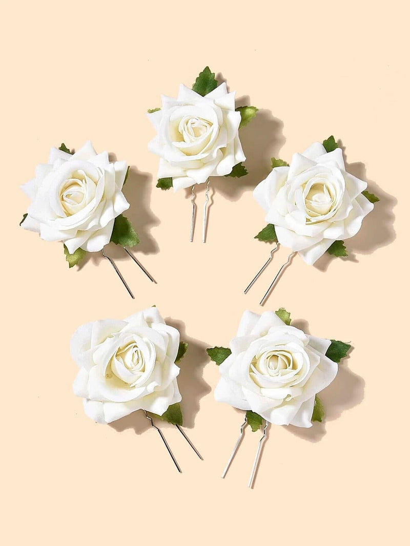 Bridal Ivory Rose 2 PC Hair Pin Set, Off-White Velvet Floral Hairpin, Wedding Bridal Party Off White Big Flower Hairpiece Set - KaleaBoutique.com