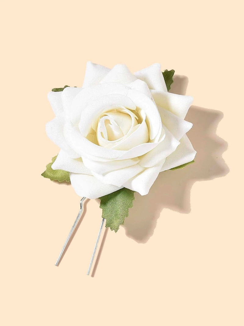 Bridal Ivory Rose 2 PC Hair Pin Set, Off-White Velvet Floral Hairpin, Wedding Bridal Party Off White Big Flower Hairpiece Set - KaleaBoutique.com