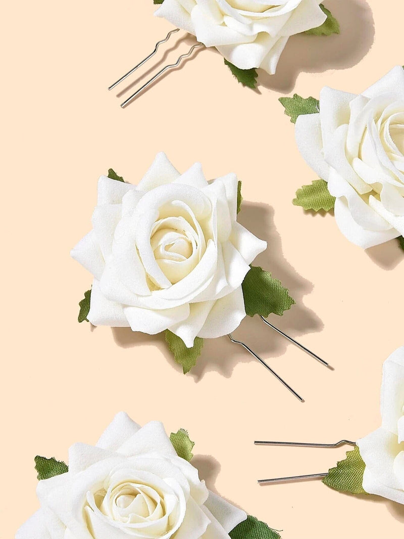Bridal Ivory Rose 2 PC Hair Pin Set, Off-White Velvet Floral Hairpin, Wedding Bridal Party Off White Big Flower Hairpiece Set - KaleaBoutique.com