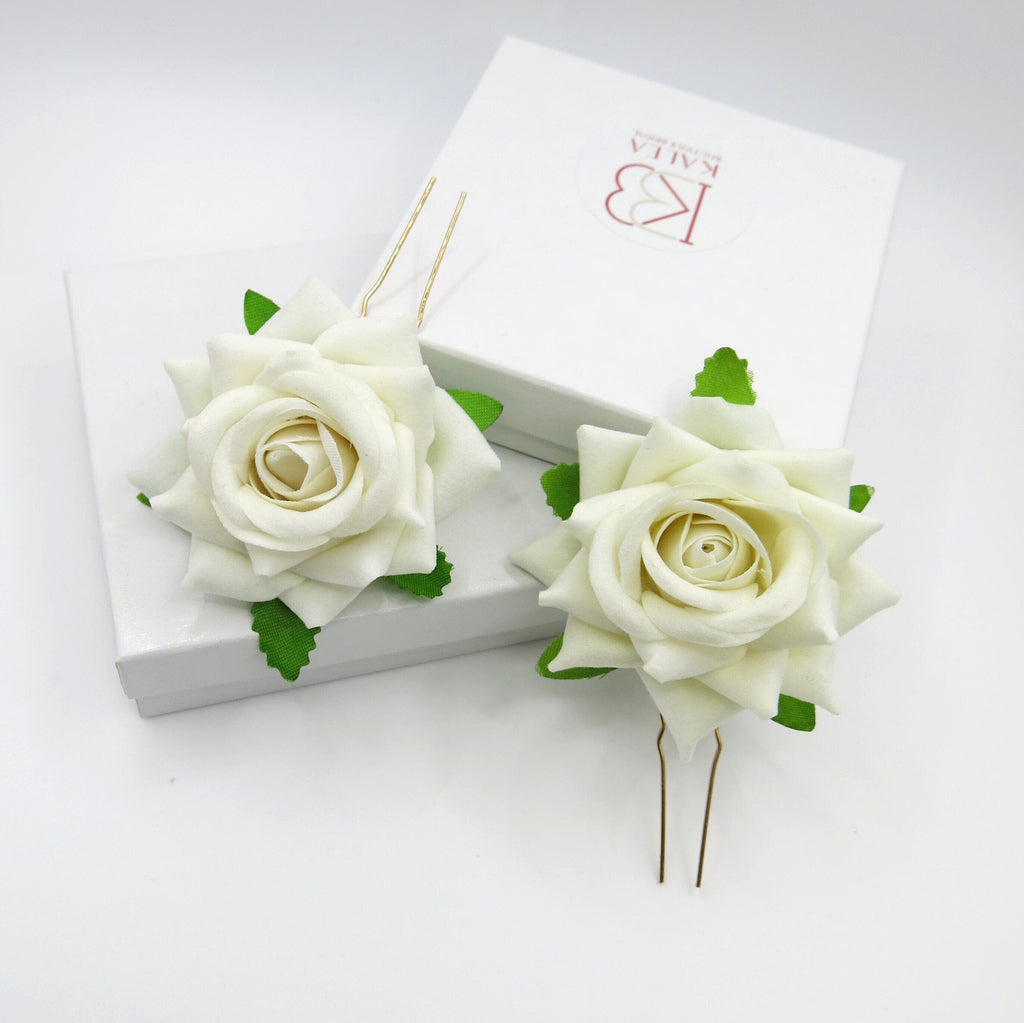 Bridal Ivory Rose 2 PC Hair Pin Set, Off-White Velvet Floral Hairpin, Wedding Bridal Party Off White Big Flower Hairpiece Set - KaleaBoutique.com