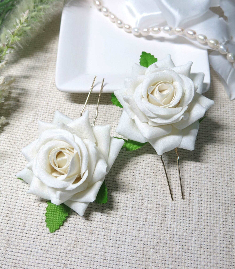 Bridal Ivory Rose 2 PC Hair Pin Set, Off-White Velvet Floral Hairpin, Wedding Bridal Party Off White Big Flower Hairpiece Set - KaleaBoutique.com