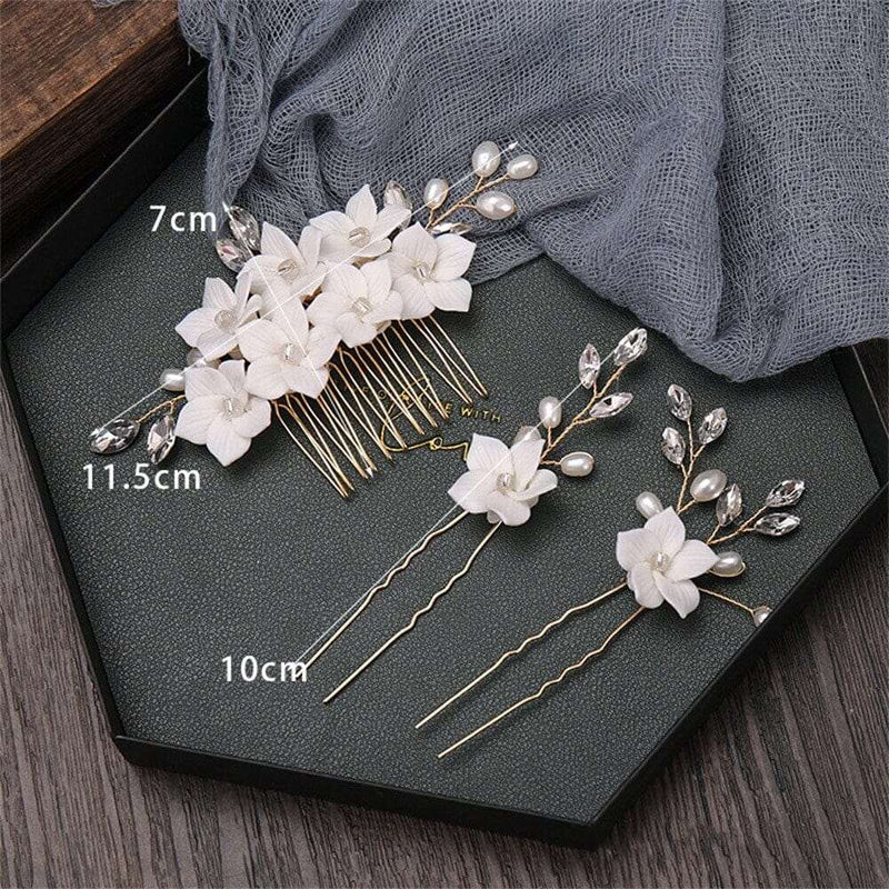 Bridal Ceramic Flower 3 PC Hairpin Set, Floral Hair Comb and 2 Hairpins, Bridesmaid Floral Headpiece, Wedding Hairpin set or Earrings - KaleaBoutique.com