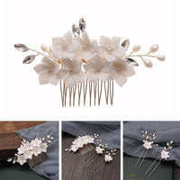 Bridal Ceramic Flower 3 PC Hairpin Set, Floral Hair Comb and 2 Hairpins, Bridesmaid Floral Headpiece, Wedding Hairpin set or Earrings - KaleaBoutique.com