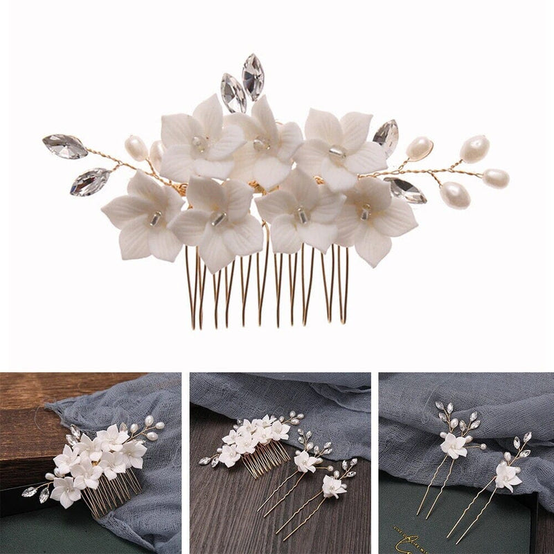 Bridal Ceramic Flower 3 PC Hairpin Set, Floral Hair Comb and 2 Hairpins, Bridesmaid Floral Headpiece, Wedding Hairpin set or Earrings - KaleaBoutique.com