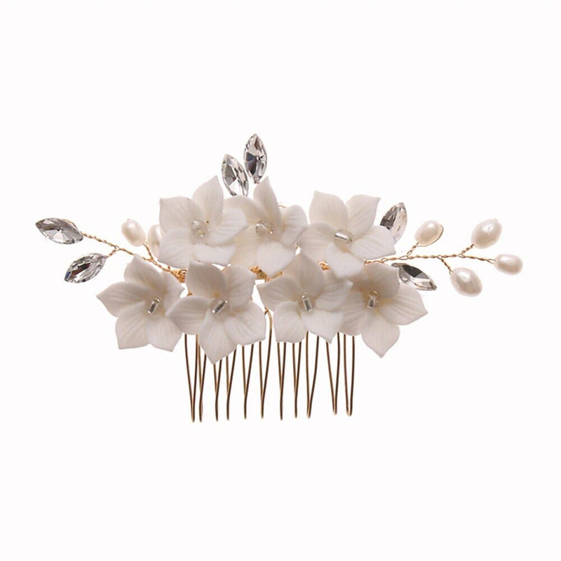 Bridal Ceramic Flower 3 PC Hairpin Set, Floral Hair Comb and 2 Hairpins, Bridesmaid Floral Headpiece, Wedding Hairpin set or Earrings - KaleaBoutique.com