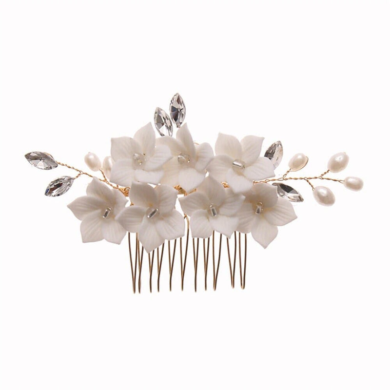 Bridal White Ceramic Flower 3 PC Hairpin Set, Floral Hair Comb and 2 Hairpins, Bridesmaid Floral Headpiece, Wedding Hairpin set or Earrings - KaleaBoutique.com