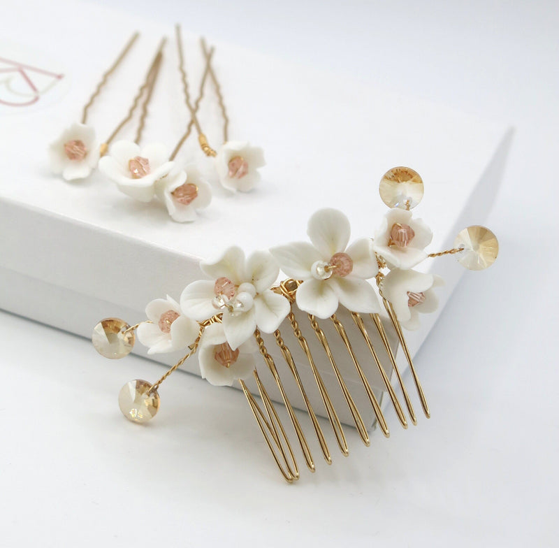 Bridal White Ceramic Flower 4 PC Hair Pin Set, Floral Hair Comb and 3 Hairpins Set, Bridesmaid Head Piece, Wedding Flower Hairpin Set - KaleaBoutique.com